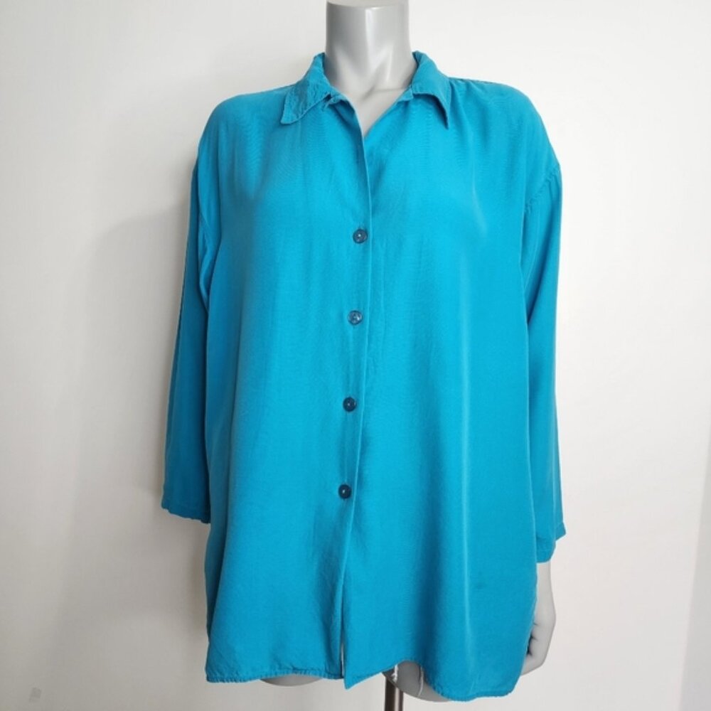 Vintage Expozay Blue Silk Button Down Shirt Size M - Picture 2 of 12